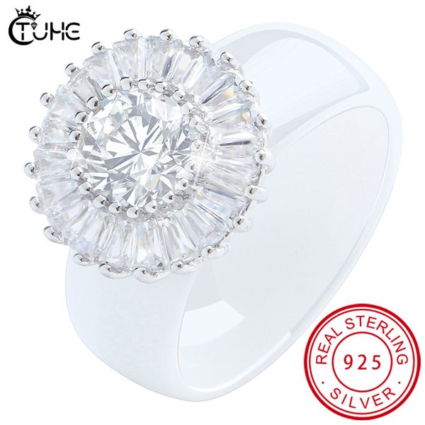 

100% s925 sterling silver elegant women dazzling flower ring cz zircon anniversary ring healthy ceramic rings wedding engagement, Golden;silver