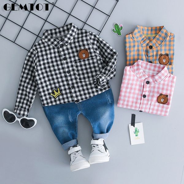 

boy's autumn plaid suit cartoon bear long sleeve shirt jeans 2 piece set casual fashion suit, White
