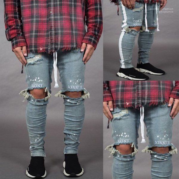 

men pants skinny zipper designer pants mens holes 19ss jeans spring summer ripped striped trousers, Blue