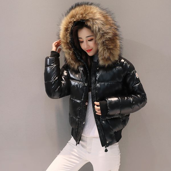 

black fur coat big fur collar cotton winter jacket women parkas short thickening slim fashion down cotton jacket woman student v191111