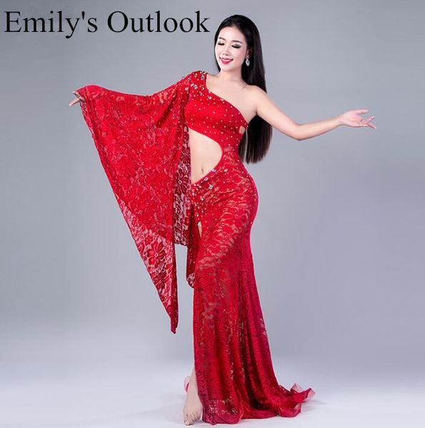 

new one piece lace dress oreintal dance costume shoulder out long skirt with veil dancer performance wear red royal blue, Black;red