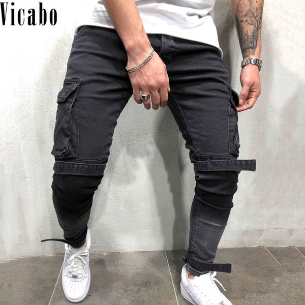 

vicabo men black jeans men fashion biker jeans autumn winter casual pockets denim pants hip hop skinnny, Blue