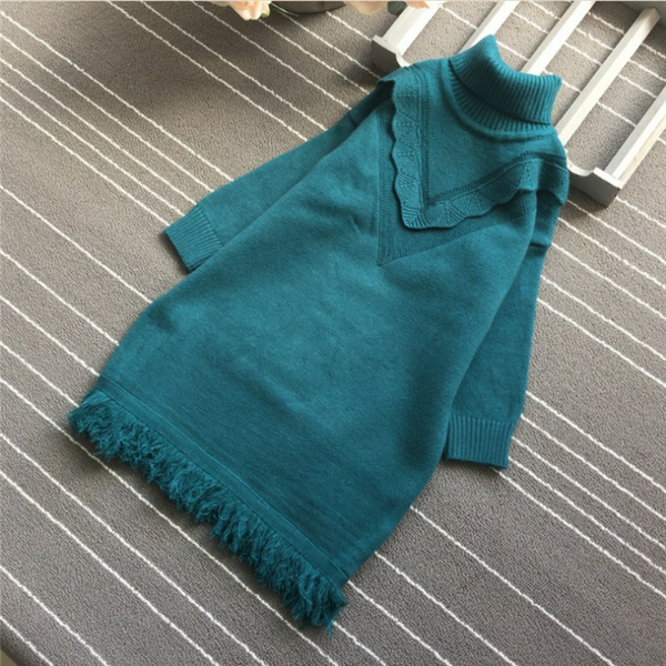 

girls turtleneck long sweaters lace tassel knitwear sweaters spring autumn pullovers girl winter mid-length sweater fringed knit, Blue