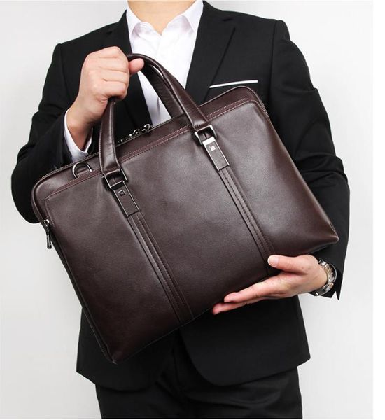 

men business briefcase genuine leather 15" lapbag tote soft cow leather big capacity man handbag black office bags for male