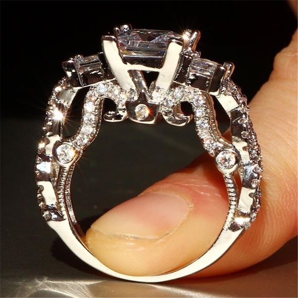 

luxury 100% 925 sterling silver ring classic three-stone simulated diamond cz wedding rings for women jewelry size 5/6/7/8/9/10, Slivery;golden
