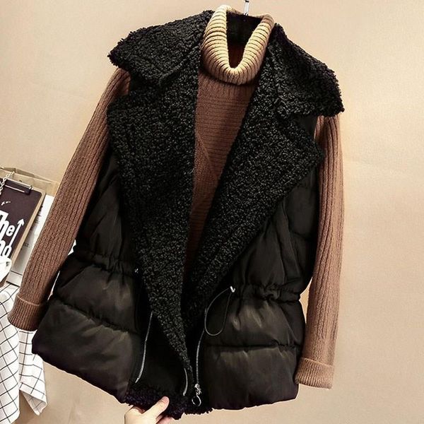 

new women winter thick warm lamb hair vests solid lamb fur collar casual vests sleeveless down cotton jackets coats, Black;white
