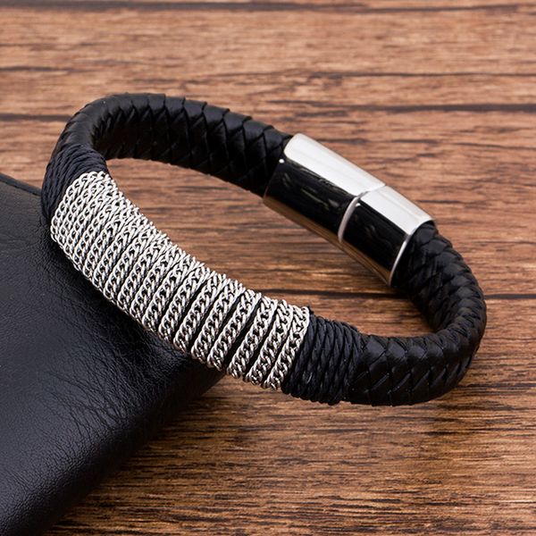 

fashion charm stainless steel braided magnet black hand genuine leather bracelet men jewelry rope couple punk mental luxury, Golden;silver
