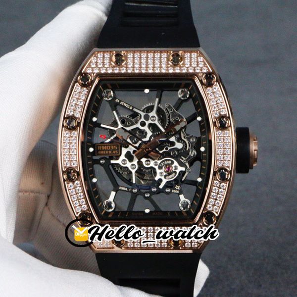 

new rm035 rose gold case diamond bezel rm035-america5 japan nh automatic mens watch skeleton dial rubber strap watches hello_watch 8 color, Slivery;brown
