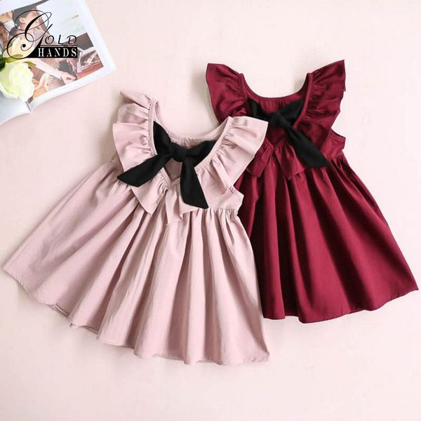 Meninas vestidos de princesa roupa Falbala Collar Voltar bowknot cor sólida bonito Vestidos Bebés Meninas Verão rosa e vermelho mini vestido