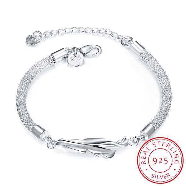 

lekani silver bracelet 925 sterling silver feather women bracelets bangles pure fine jewelry girl gift 2017, Golden;silver