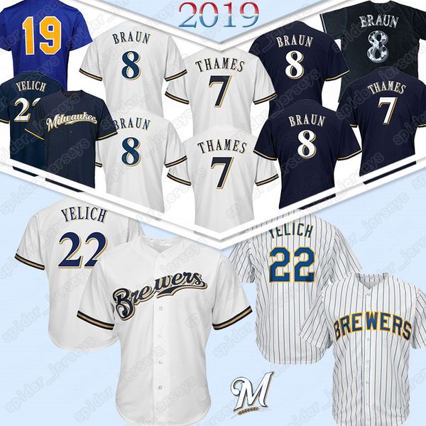 

22 Christian Yelich Milwaukee Baseball Jersey Brewers 19 Robin Yount 8 Ryan Braun 7 Eric Thames Baseball Jerseys 2019 new
