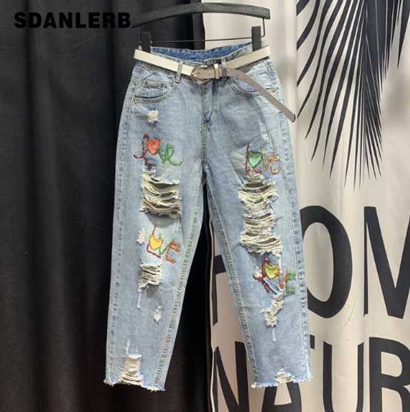 

european style loose jeans woman ripped jeans 2020 spring summer new personality pattern harem pants boyfriend for women, Blue