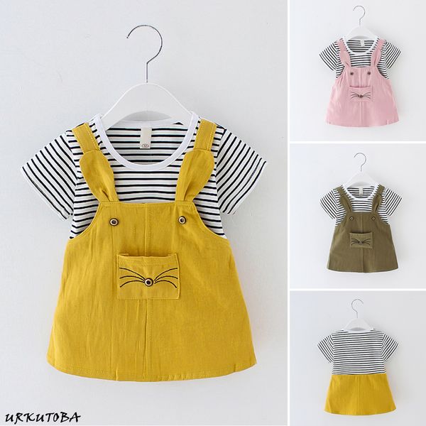 

Summer Princess Dress For Girls Fashion Toddler Baby Kids Girls Short Sleeve Cute Cat Printed Dress Fake Two Pieces Clothes