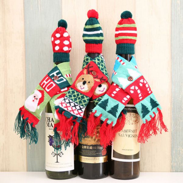 

christmas party supplies wine bottle clothes cover scraf +hat santa reindeer dinning tableware decoration