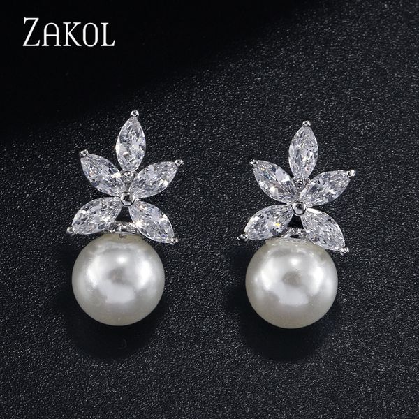 

zakol white color fashion imitation pearl leaf shape stud earring for women wedding brincos dinner party jewelry, Golden;silver