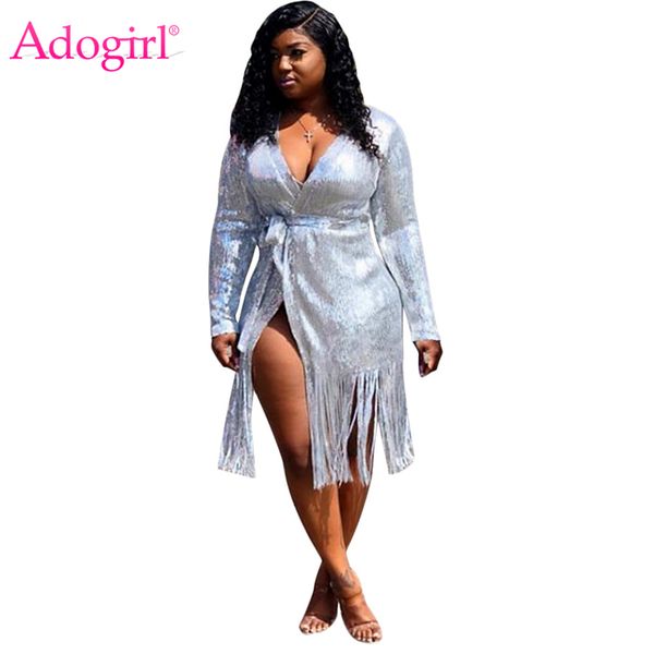 

adogirl silver tassel sequins cardigan long jacket with belt women v neck long sleeve loose casual coat dress outerwear, Tan;black