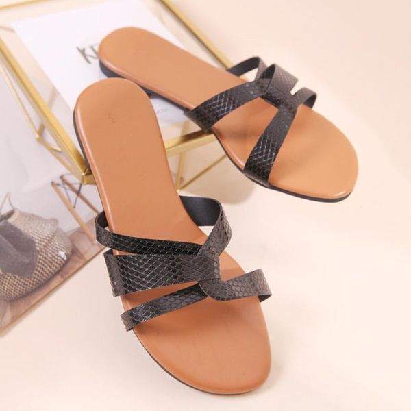 

2020 summer style shoes women sandals fashion snake pattern flats cross band flip flops slippers big size 5w3, Black
