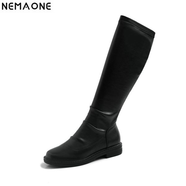 

nemaone autumn winter vintage low heels women knee high boots genuine leather long shoes woman riding boots, Black