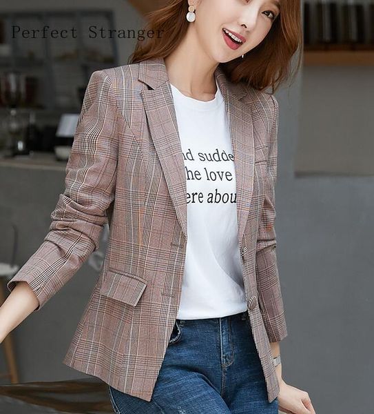 

women's suits & blazers 2021 spring summer arrival fashion turn-down collar plaid long sleeve women suit coat, White;black