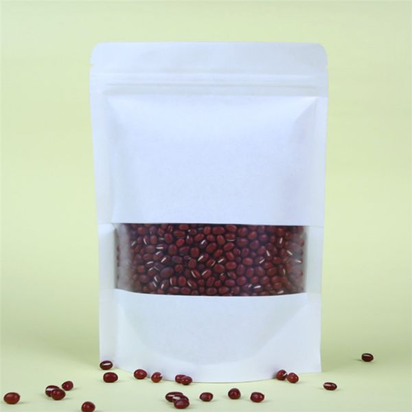 

100pcs white kraft paper bags with zipper frost window stand up barrier pouches snack tea packing ziplock doypack bulk food storage
