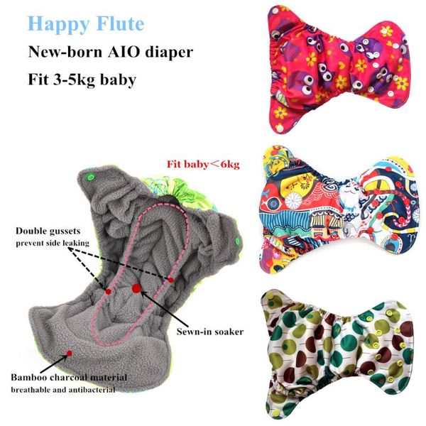 

10pcs happy flute newborn diapers, washable reusable tiny aio cloth diaper, bamboo charcoal double gussets fit 3 - 5kg baby