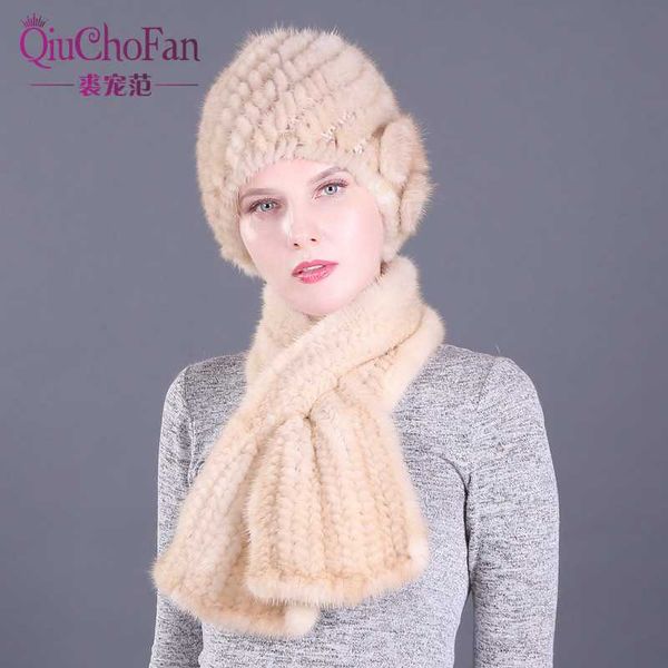 

three flower women winter knitted genuine cap hats & knitted straight scarves outdoor natural fur beanie scarf, Blue;gray