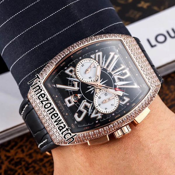 

vanguard watch new men's collection v45 sc dt miyota quartz chronograph mens watch rose gold diamond black white dial leather timezonew, Slivery;golden