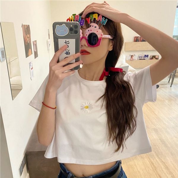 

cool summer 2020 sleeved loose navel design little daisy purple t-shirt cool summer 2020 short sleeved loose short navel design little daisy, White