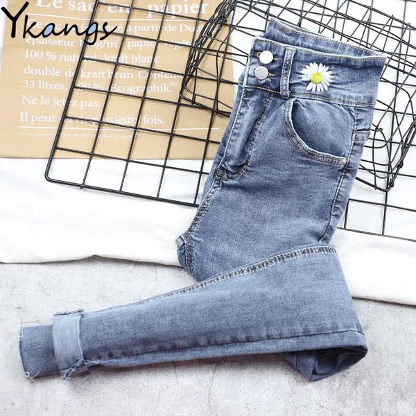 

women's jeans daisy embroidery skinny slim for women vintage black female denim pencil pants stretch korean jean summer streetwear, Blue