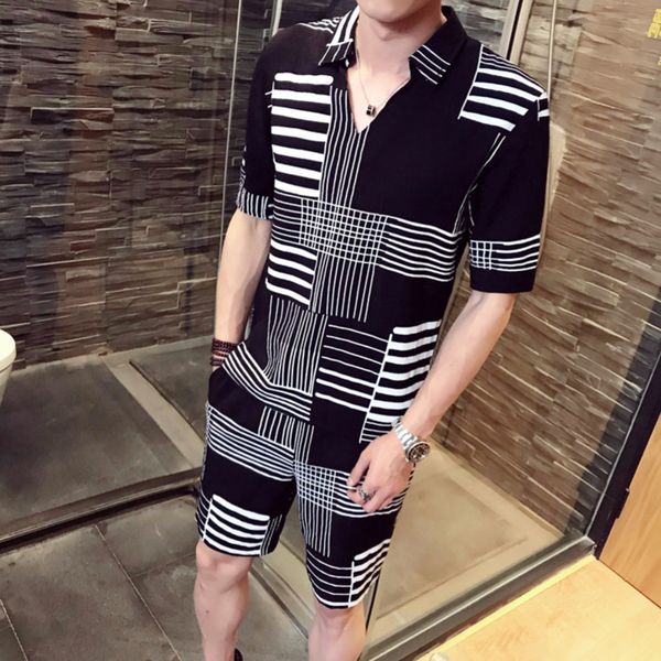 

fancy two piece summer set men club party camisas para hombre eb ensemble homme designer tracksuit men casual shirt, Gray