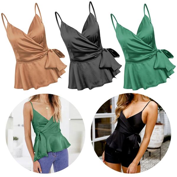 

elegant wrap camisole tank women v neck strap satin crop female summer sleeveless shirt ladies, White