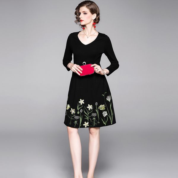 

womens designer dress season slim heavy embroidery v-neck long base skirttg0m, Black;gray