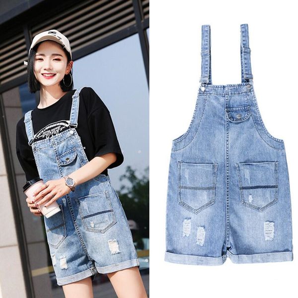 

2019 summer new overalls jeans women's casual denim shorts female hole strap loose shorts waist was thin college style, Blue