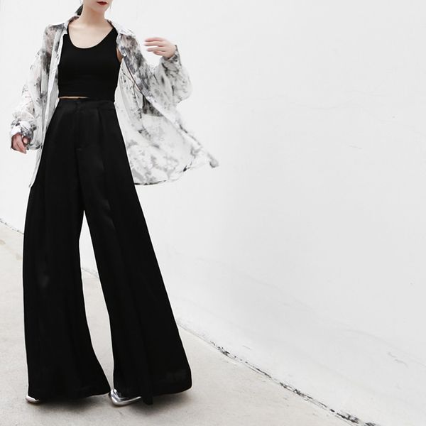 

брюки женские 2019 прохладные штаны темпераментный фонд атласная талия с высокой талией лицо упало до основания почувствуйте себя черным, чт, Black;white