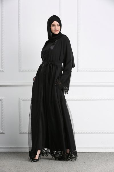 

luxury muslim women black lace abaya full dress s-2xl plus size islamic evening dresses with belt, Red