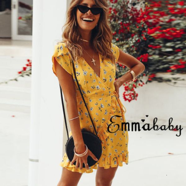 

women mini clothes bohemian v-cut short floral print ethnic summer beach female split stylish dress, Black;gray