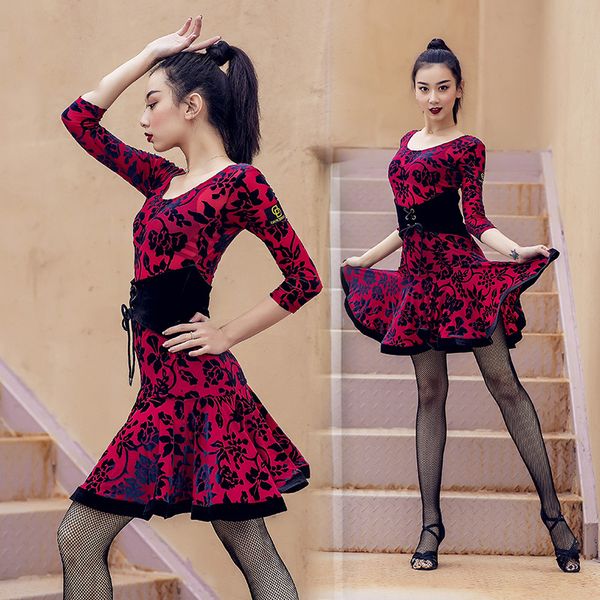 

2019 new latin dance dress for women lady long sleeved printing latino dance perform costume feminine dress dwy2610, Black;red