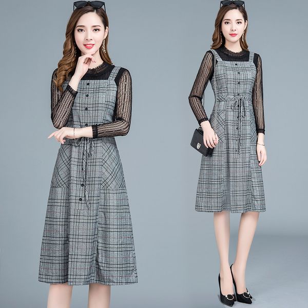 

large size plaid dress women vestido de festa conjunto feminino ukraine 2 piece set women vestidos ensemble femme deux pieces, Gray