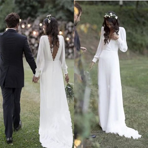 

bohemian wedding dresses 2019 v neck backless sweep train chiffon beach garden country bridal gowns vestido de novia wedding dress, White