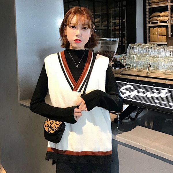 

spring autumn cardigan v neck women sweater stripe vest waistcoat school sweater, Black;white