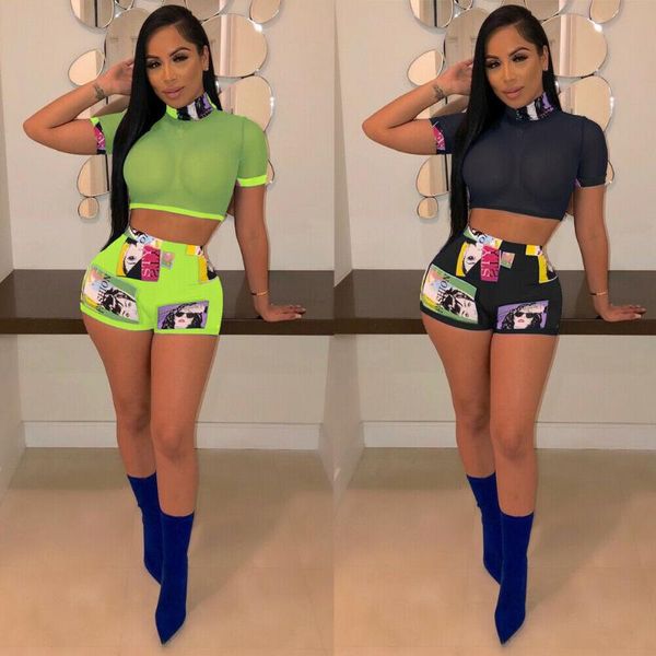 

summer women 2piece set see-thourgh short sleeve crop and shorts bodycon floral printed outfit sets short clubwear, White