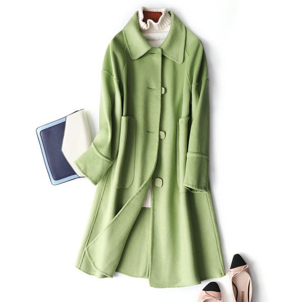 

autumn 100% wool coat warm winter coat women beige blazer wool office lady slim female overcoat green, Black
