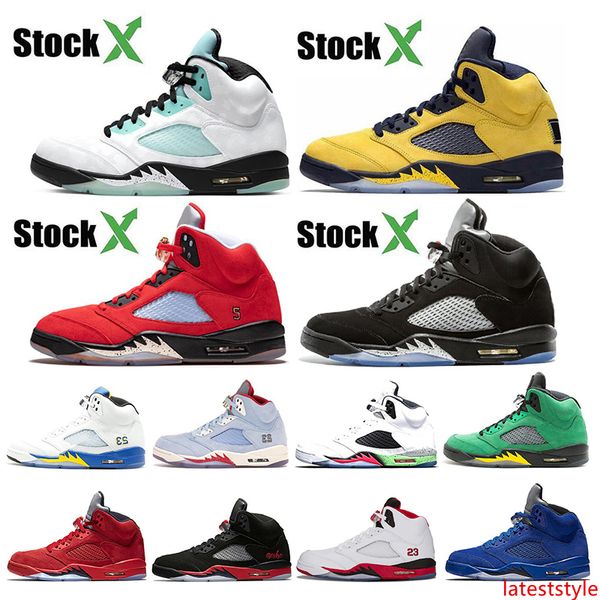 

with stock x 5 5s mens basketball shoes island green trophy room ice blue laney fab sp fire red sports sneakers size 7-13