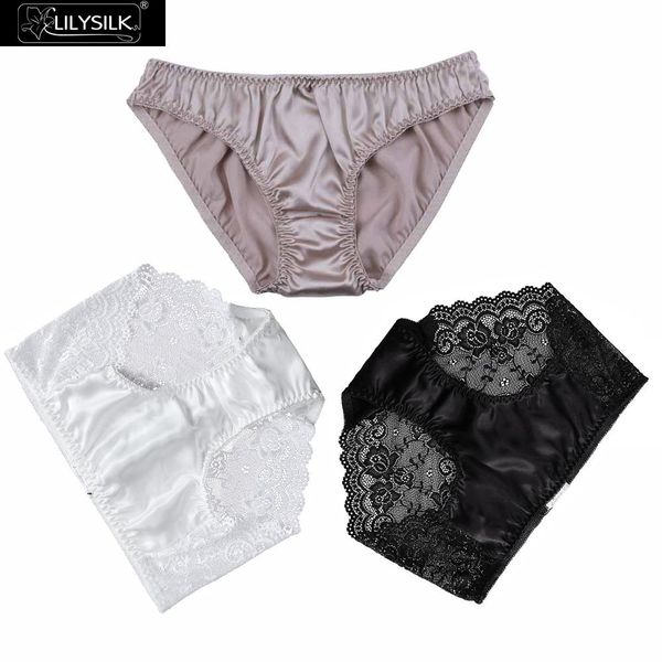 

lilysilk panties femine 3 pack silk bikini random color and style silk lace panties, Black;pink