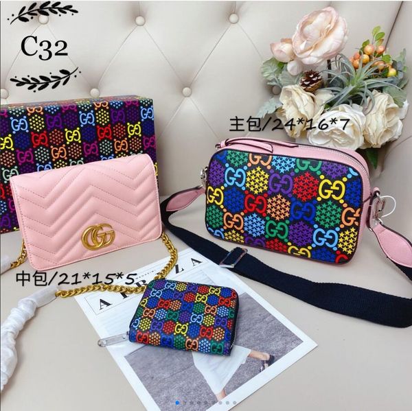 

2020 ladies new women's handbags women's leather color three-piece suit ladies exquisite shoulder bag backpack messenger bag chain