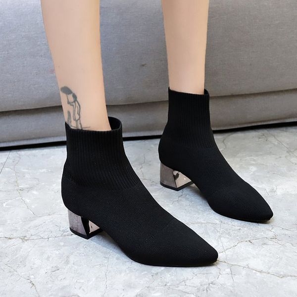 

socks boots stretch fabric silver chunky slim botas pointed toe elastic short ankle botines winter women shoes booties, Black