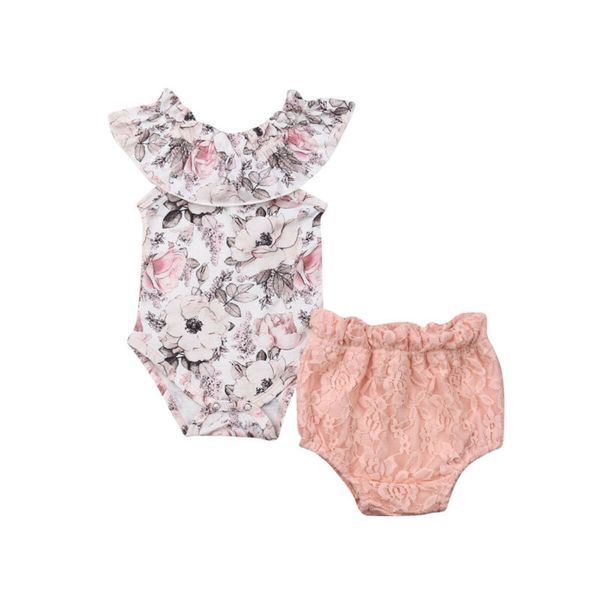 

cute toddler kids baby girls outfits clothes ruffle flowers romper lace shorts 2pcs summer girl sets sleeveless bodysuit 0-24m, White