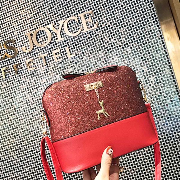 

women messenger bag pu leather zipper handbag sequins deer decor casual shoulder crossbody bags -opk