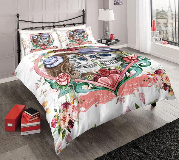 Multi Color Skull Bedding Set King Size Love Flowers Duvet Cover