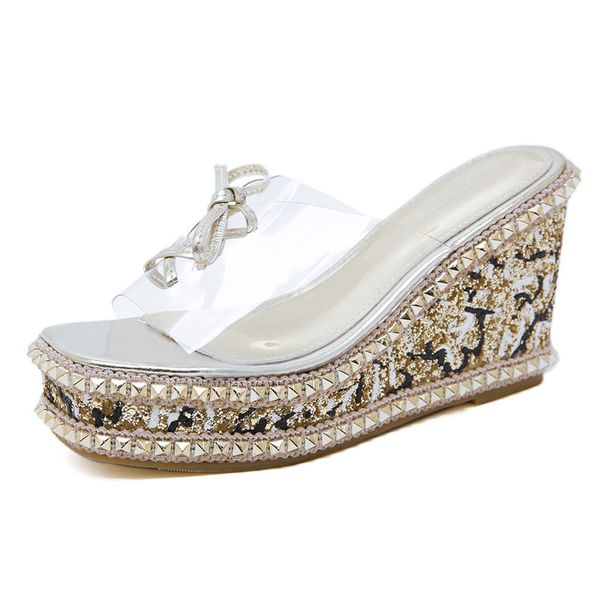 

2020 women rivets wedges sandals 9.5cm high heels 4.5cm platform mules sequins summer slides lady glitter transparent gold shoes, Black
